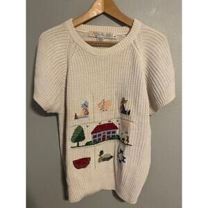 Vintage Chaus Sweater Womens Medium White Ramie Cotton Farmhouse Animals 90s